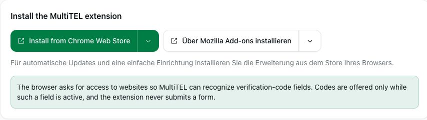 Installationskarte für MultiOTP mit den Optionen Chrome Web Store und Mozilla Add-ons sowie dem Hinweis, dass AutoFill keine Formulare absendet