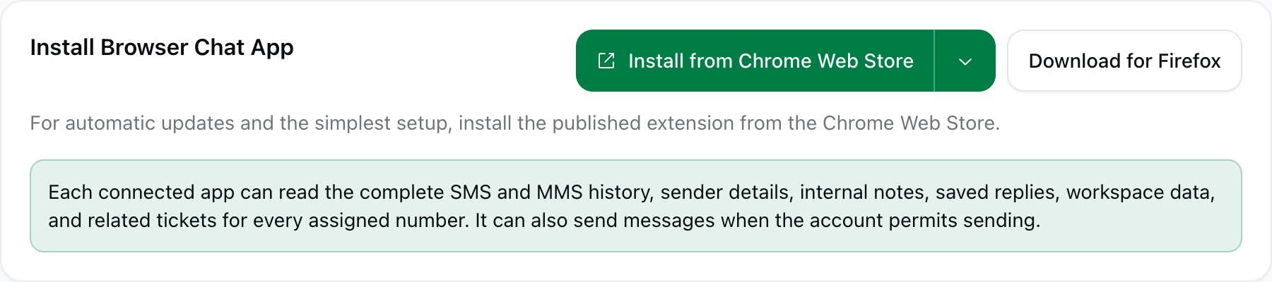 Browser Chat App-installasie-opsies en toegangskennisgewing in die huidige portaal