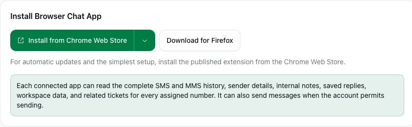 Installationsmuligheder og adgangsmeddelelse for Browser Chat App i den aktuelle portal