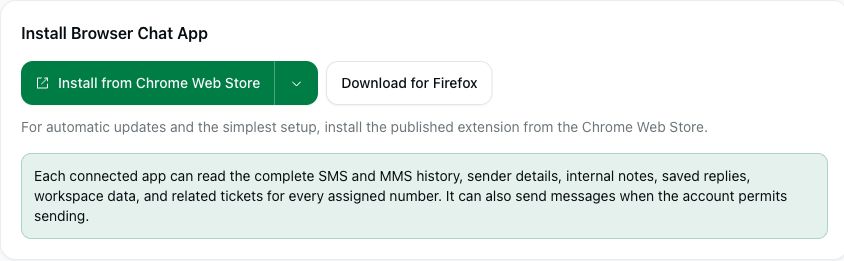 Installationsoptionen und Zugriffshinweis für Browser Chat App im aktuellen Portal