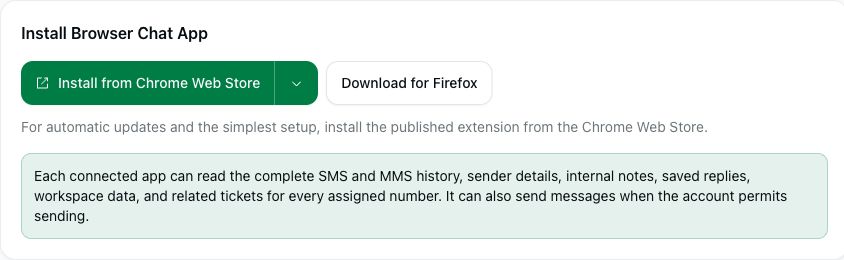 Browser Chat App installation options and access notice in the current portal