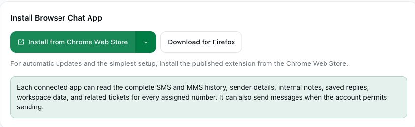 वर्तमान पोर्टल में Browser Chat App के इंस्टॉलेशन विकल्प और पहुँच सूचना