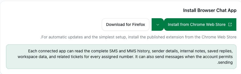 موجودہ پورٹل میں Browser Chat App کے انسٹالیشن آپشنز اور رسائی کا نوٹس
