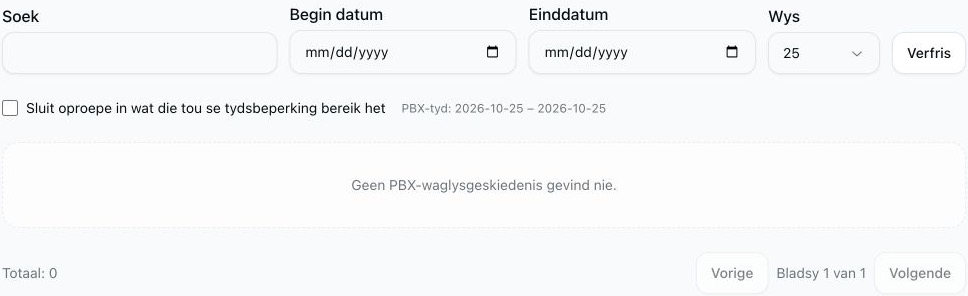 Verslag van verlate tou-oproepe met leë soek- en datumfilters, die tydsbeperkingsopsie ongemerk en geen ooreenstemmende geskiedenis nie.
