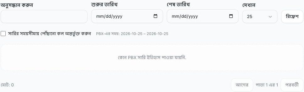 সারি ছেড়ে যাওয়া কলের প্রতিবেদন, যেখানে অনুসন্ধান ও তারিখের ফিল্টার ফাঁকা, সময়সীমা শেষ হওয়ার বিকল্পটি অনির্বাচিত এবং কোনো মিলে যাওয়া ইতিহাস নেই।
