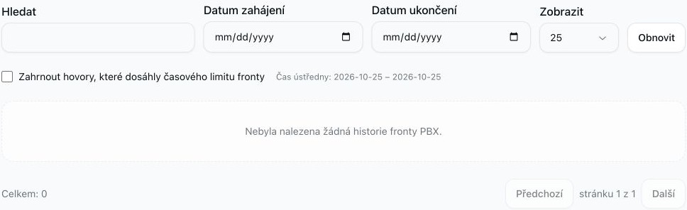 Přehled opuštěných hovorů ve frontě s prázdným vyhledáváním a filtry data, nezaškrtnutou možností časového limitu a bez odpovídající historie.