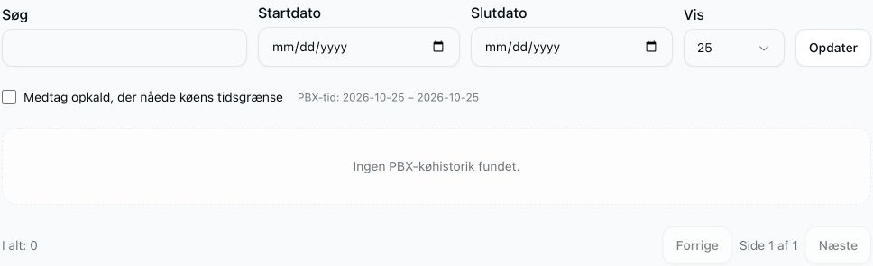 Rapport over afbrudte køopkald med tomme søge- og datofiltre, tidsgrænseindstillingen slået fra og ingen matchende historik.