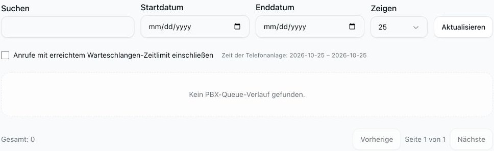 Bericht über abgebrochene Warteschlangenanrufe mit leeren Such- und Datumsfiltern, deaktivierter Zeitlimitoption und ohne passenden Verlauf.
