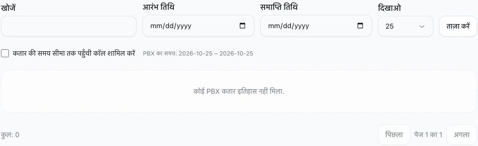 कतार में छोड़ी गई कॉल की रिपोर्ट जिसमें खोज और तारीख के फ़िल्टर खाली हैं, समय सीमा पूरी होने वाली कॉल का विकल्प अचयनित है और कोई मेल खाता पिछला रिकॉर्ड नहीं है।