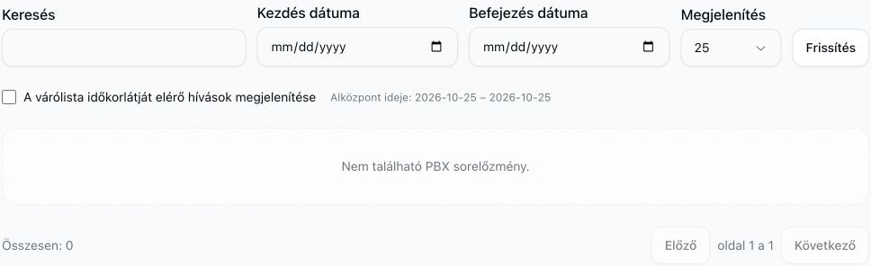 Az elhagyott várólistás hívások kimutatása üres keresési és dátumszűrőkkel, bejelöletlen időkorlát-opcióval, megfelelő előzmények nélkül.
