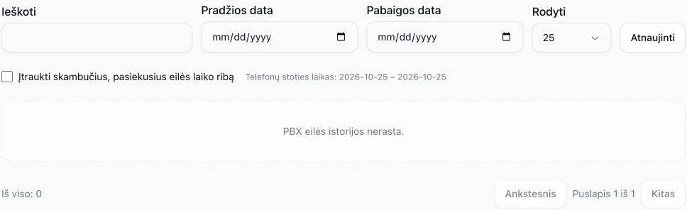 Nutrauktų eilės skambučių ataskaita su tuščiais paieškos ir datų filtrais, nepažymėta laiko ribos parinktimi ir be atitinkančios istorijos.