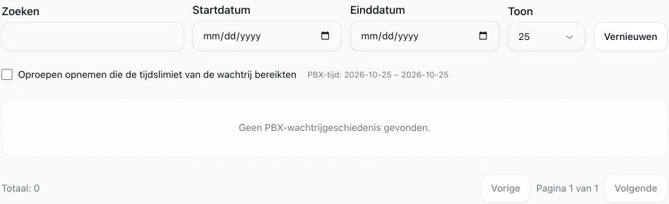 Rapport van afgebroken wachtrijoproepen met lege zoek- en datumfilters, de time-outoptie uitgeschakeld en geen overeenkomende geschiedenis.
