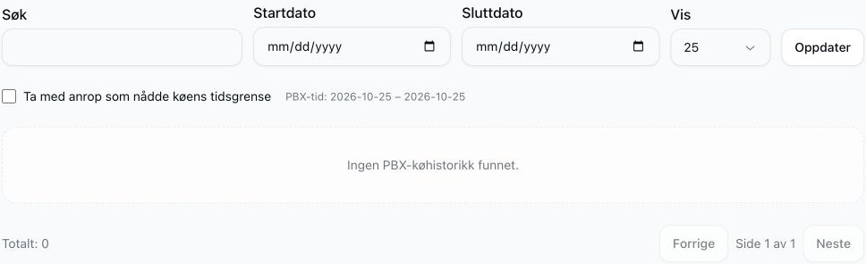 Rapport over avbrutte køanrop med tomme søke- og datofiltre, tidsgrensevalget avslått og ingen samsvarende historikk.