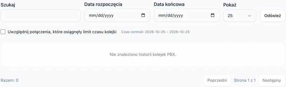 Raport połączeń porzuconych w kolejce z pustymi filtrami wyszukiwania i dat, niezaznaczoną opcją limitu czasu i bez pasującej historii.
