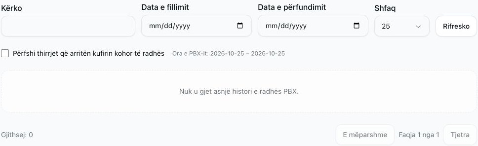 Raporti i thirrjeve të braktisura në radhë me filtra bosh të kërkimit dhe të datave, opsionin e skadimit të afatit të pazgjedhur dhe pa historik që përputhet.