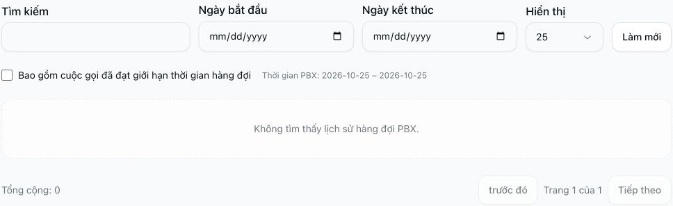 Báo cáo cuộc gọi rời hàng đợi với bộ lọc tìm kiếm và ngày để trống, tùy chọn hết thời gian chờ không được chọn và không có lịch sử phù hợp.