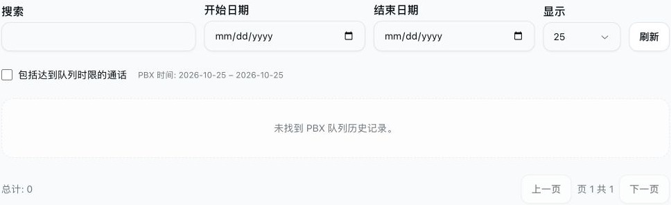 已放弃的队列通话报表,搜索和日期筛选字段为空,超时选项未勾选,且没有匹配的历史记录。