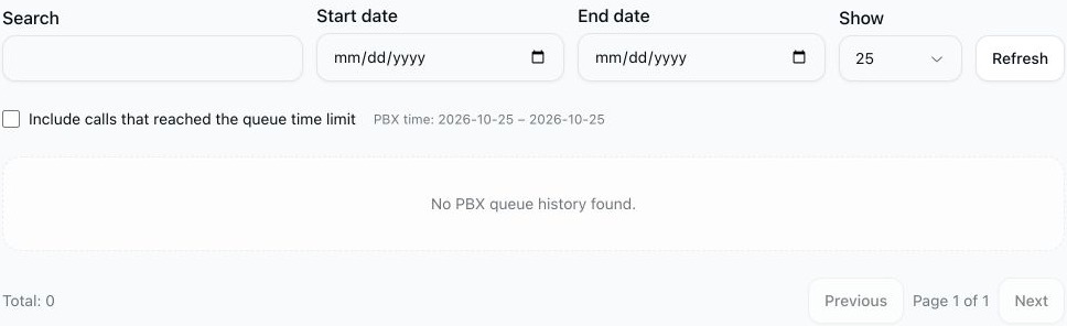 Abandoned queue report with blank search and date filters, the timeout option unchecked, and no matching history.